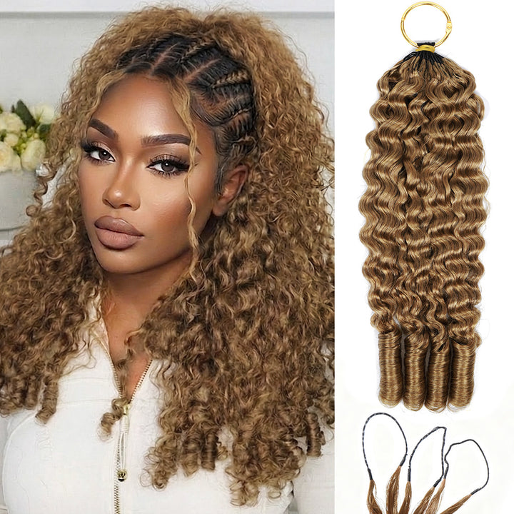 #27 Honey Blonde Burmese Curly Feather Crochet Human Hair Quick Weave with Spiral Curly End Boho Braids Hair Extensions