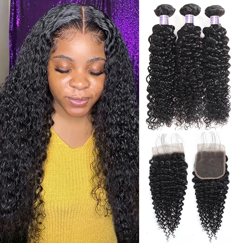 Brazilian Kinky  Curly Hair 3 Bundles with Transparent 4*4 Lace Closure - AlloveHair