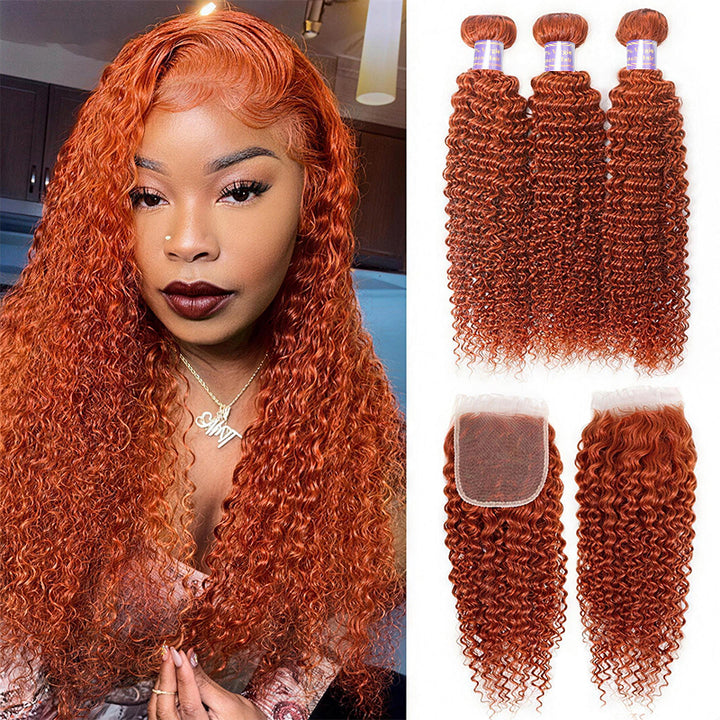 Curly Bundles with 4x4 Lace Closure Remy Human Hair #350 Ginger Orange Color Human Hair Weave - AlloveHair