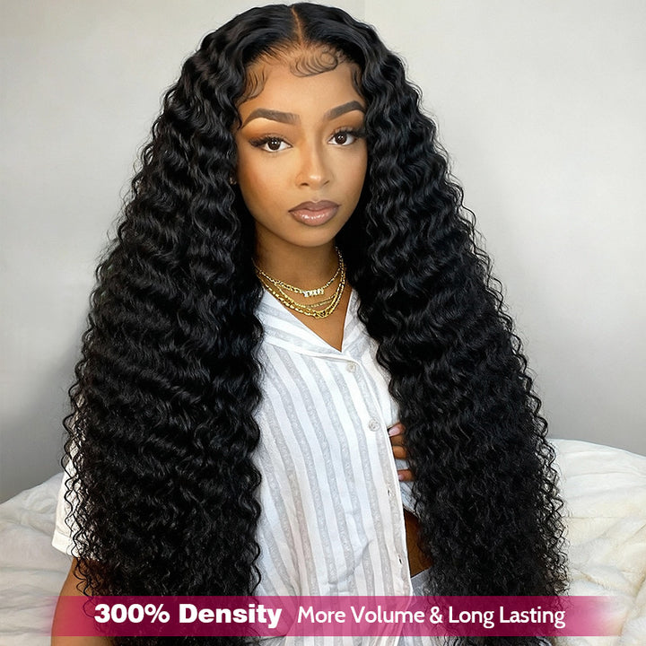 300% Density Curly Hair Glueless 13x4 Full Lace Front Wigs Super Double Drawn Virgin Human Hair