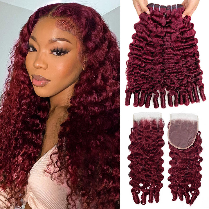 Premium #99J Burgundy Colored Burmese Curly Hair 3 Bundles with 4x4 Lace Closure Deal Red Human Hair Weave