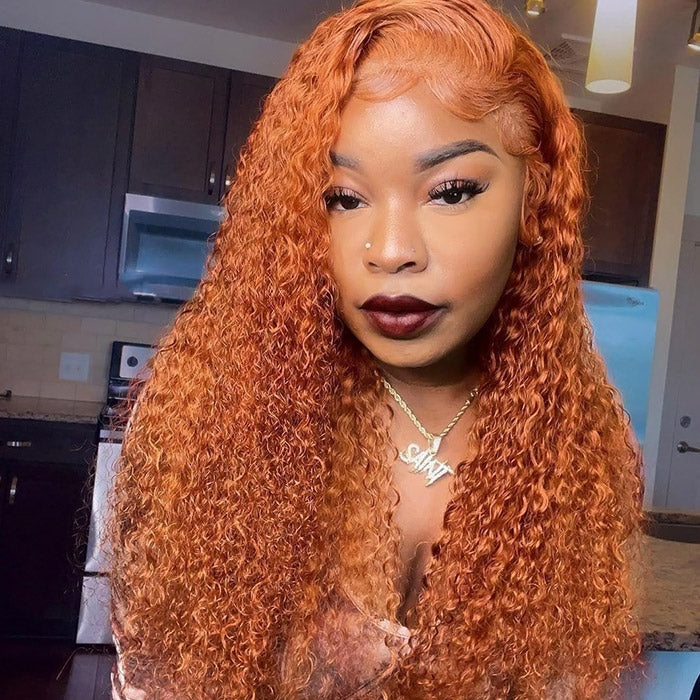 Orange Ginger Curly Glueless HD 13x4 Lace Front Human Hair Wigs Pre Plucked For Women
