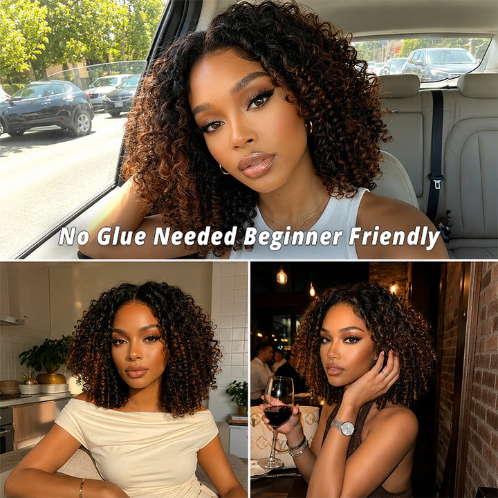 250% Density Black to Chestnut Brown Ombre Burmese Curly Glueless Wig With Finger Coil Ends All Day Comfort 100% Human Hair Wig