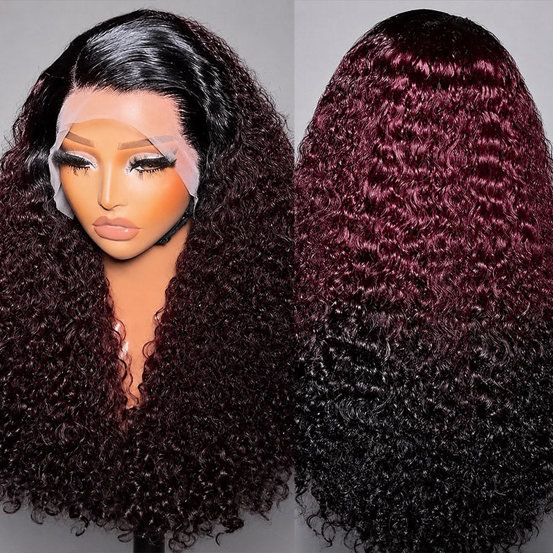 200% Density Ombre 99J Burgundy Curly Wigs Super Double Drawn Virgin Human Hair HD Lace Wigs Salon Quality