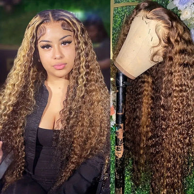 Highlight Ombre Colored 4x4 HD Lace Closure Wig Kinky Curly Human Hair Wigs For Black Women