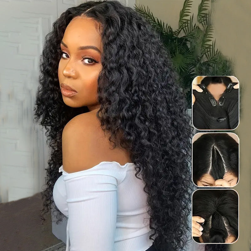 Undetectable Natural Scalp V Part Wig with Elastic Drawstring Glueless Deep Wave Wigs - AlloveHair