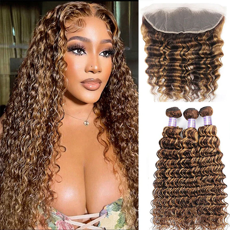 Highlight P4/27 Deep Wave 3 Bundles With 13x4 13x6 Lace Frontal Closure 100% Real Human Hair - AlloveHair