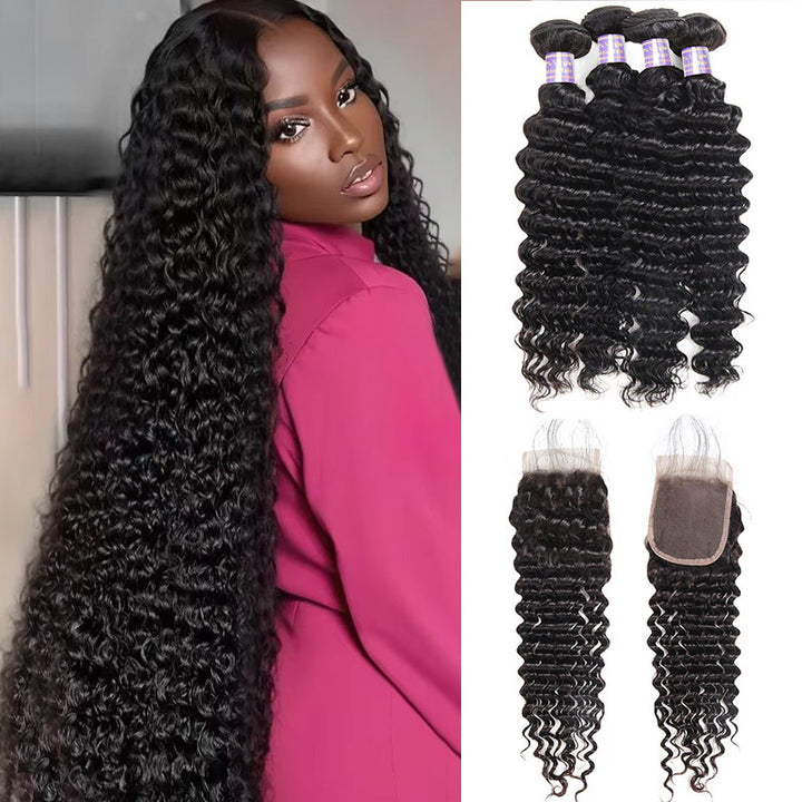 Malaysian Deep Wave 4 Bundles with 4*4 Lace Closure Virgin Human Hair
