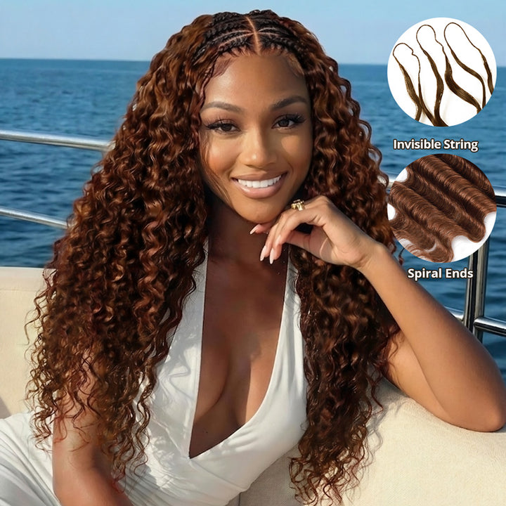 #30 Light Brown Deep Wave Crochet Hair for Boho Braids Pre-Separated Feather Crochet Human Hair Extension Protective Hairstyle
