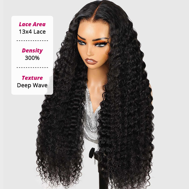 300% Density Deep Wave Wig Pre Bleached Knots Glueless 13x4 HD Lace Front Wig With Elastic Drawstring Wear Go Wig