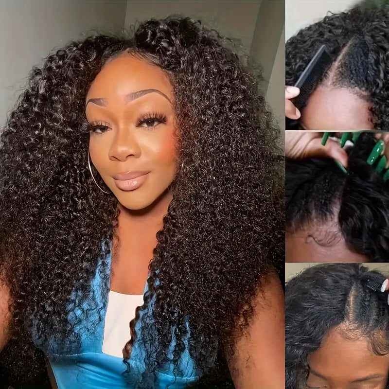 Undetectable Natural Scalp V Part Wig with Elastic Drawstring Glueless Deep Wave Wigs - AlloveHair