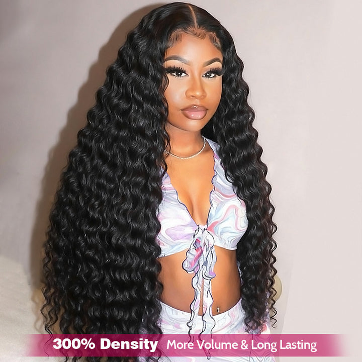 300% Density Deep Wave Wig Pre Bleached Knots Glueless 13x4 HD Lace Front Wig With Elastic Drawstring Wear Go Wig
