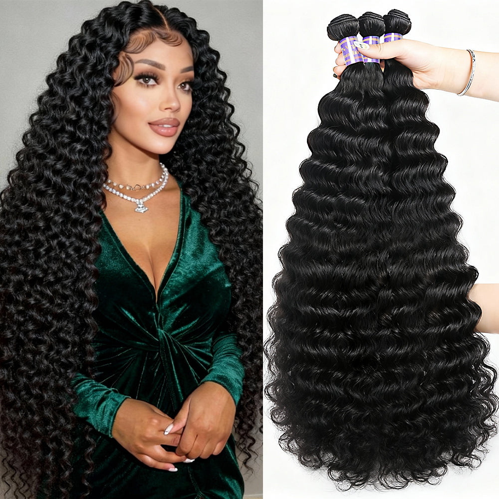 Bouncy & Defined Deep Wave Bundles 30-38 Inch Long-Lasting Deep Curly Human Hair Extensions