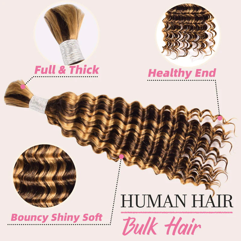 Allove Hair Boho Braids Deep Wave Bulk Human Hair For Braiding Highlight P4/27 Honey Blonde Color