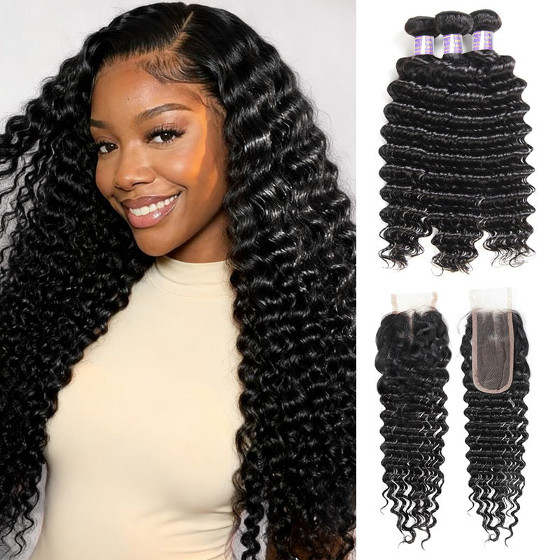 HD Lace Closure With Bundles Brazilian Deep Wave 3 Bundles With 2x6 Lace Closure 100% Human Hair - AlloveHair