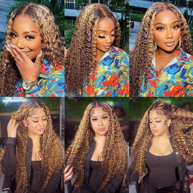 Wear And Go Honey Blonde Ombre Hair Deep Curly 4*4 Transparent Glueless Wig with Pre Plucked