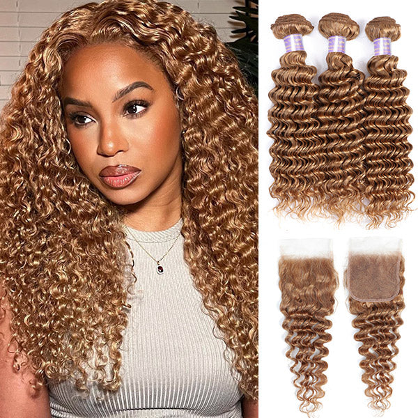 #27 Honey Blonde Deep Wave Bundles With 4x4 Lace Closure Colored Human Hair 3 Bundles With HD Lace Closure
