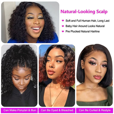 Allove 13x4 Lace Front Short Deep Wave Bob Wig Virgin Human Hair Wigs For Women