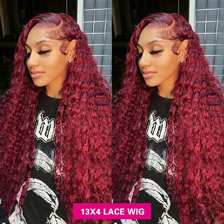30 Inch 99J Burgundy Color Deep Wave Transparent 13x4 Lace Front Wig with Pre Plucked