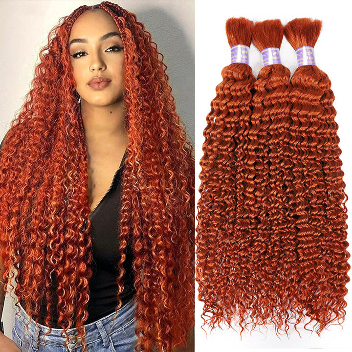 Allove Hair #350 Ginger Colored Deep Curly Bulk Hair For Braiding 12-28 Inch Human Copper Hair Extensions