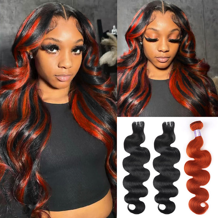 [New Trend] Peekaboo Black Hair With Ginger Orange Two Tones Ombre Color Body Wave Human Hair Bundles - AlloveHair