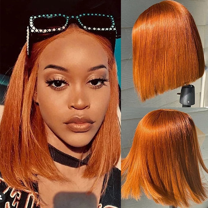 Orange Ginger Color Short Bob Straight Hair 13x4x1 Lace Part Human Hair Wigs