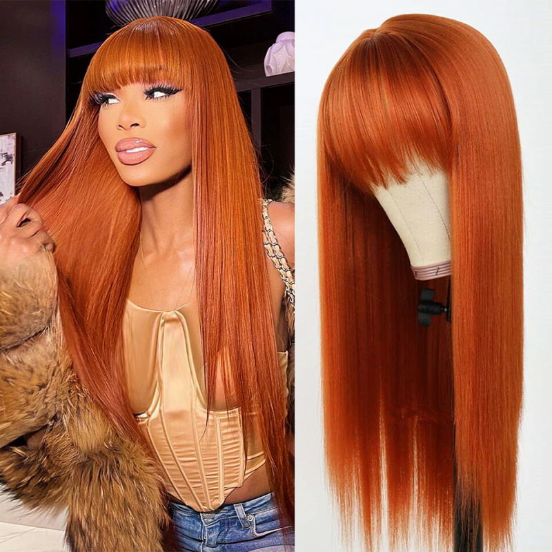 Allove New Arrival Ginger Color Machine Made Straight Human Hair Wigs With Bangs