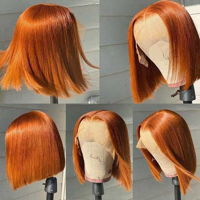 Orange Ginger Color Short Bob Straight Hair 13x4x1 Lace Part Human Hair Wigs