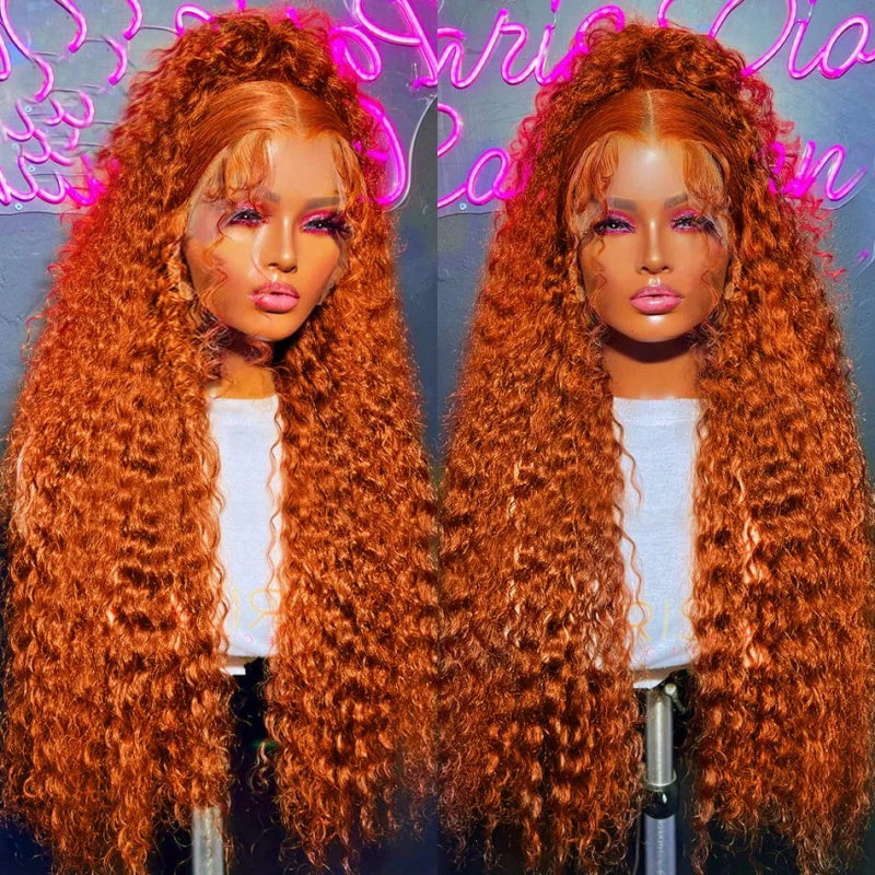 Ginger Orange Deep Wave Human Hair Wigs 13x4 HD Transparent Lace Front Wig Deep Curly  Colored Wigs