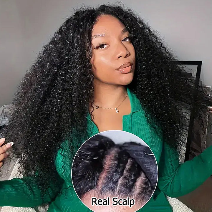 Undetectable Natural Scalp V Part Wig with Elastic Drawstring Glueless Deep Wave Wigs - AlloveHair