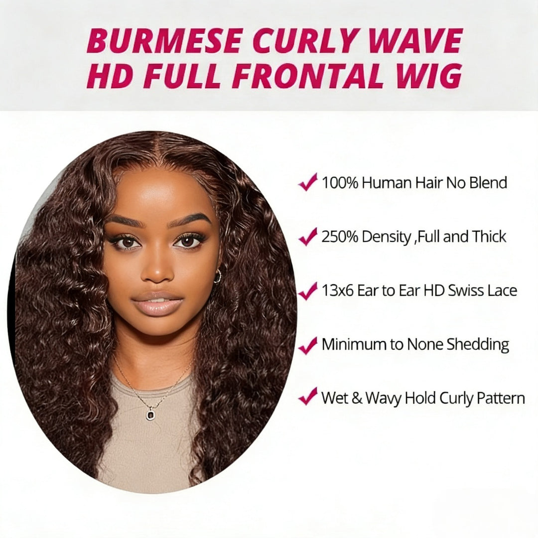 250% Density Burmese Curly Glueless Wig #4 Chocolate Brown Color 7x6/13x6 HD Lace Front Wigs Human Hair