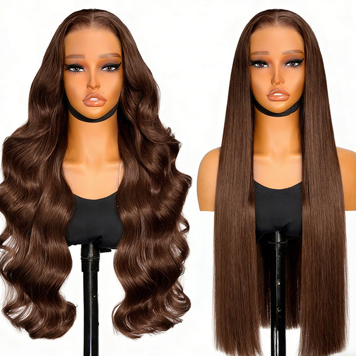 #4 Dark Brown Colored Human Hair Wigs 200% Density Straight And Body Wave Skin Melt 5x5 HD Lace Front Wigs - AlloveHair