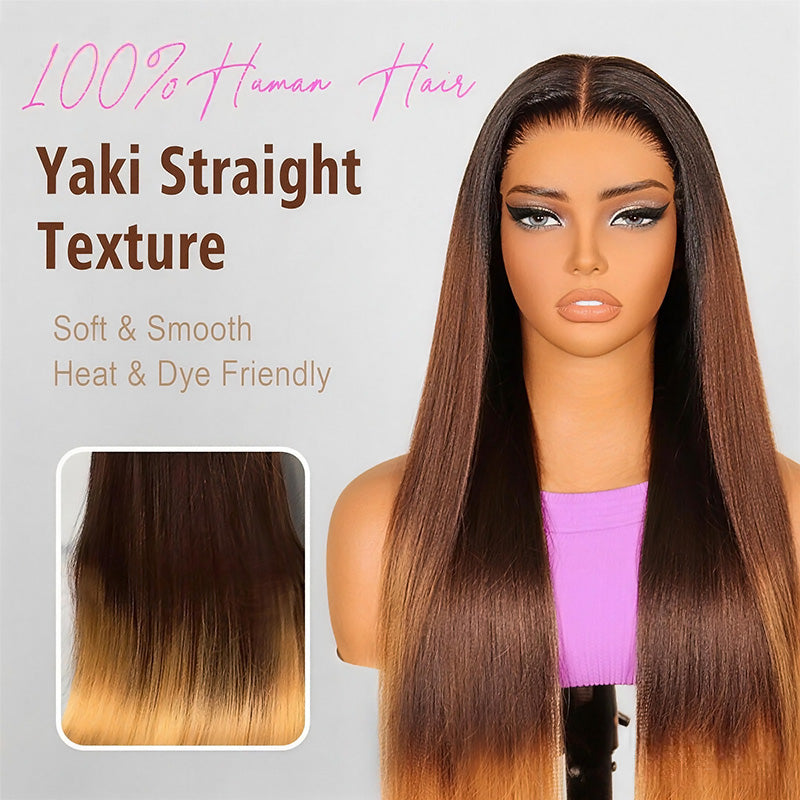 Luxury Yaki Straight 200% Density Dark Brown to Honey Blonde Ombre Color Glueless Human Hair Wig - AlloveHair
