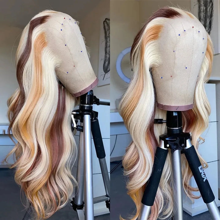 32Inch P4/613 Colored Highlight Human Hair Wig Body Wave 13x4 Lace Front Wig with Pre Plucked