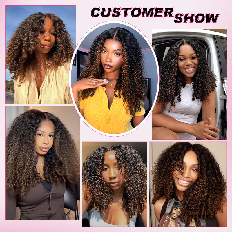 250% Density Black to Chestnut Brown Ombre Burmese Curly Glueless Wig With Finger Coil Ends All Day Comfort 100% Human Hair Wig