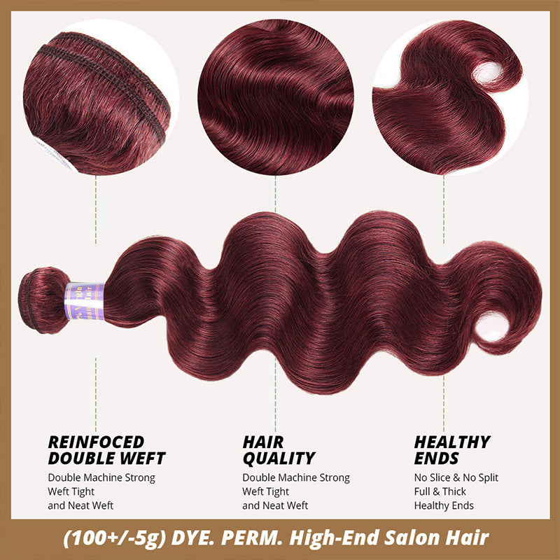 99J Burgundy Body Wave Human Hair 1 3 4 Bundles Unprocessed Wine Red Colored Human Hair Extensions - AlloveHair