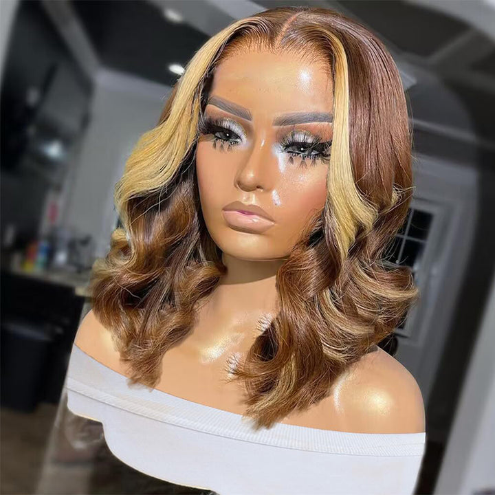 Brown With Blonde Highlight Body Wave Lace Front Wigs Human Hair 200% Density Short Wigs for Black Women
