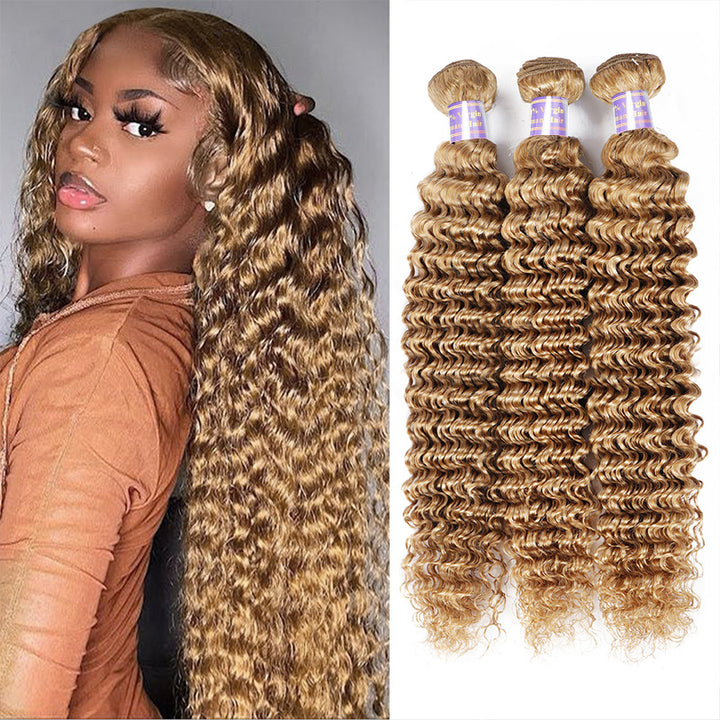 30 Inch #27 Honey Blonde Deep Wave Human Hair Bundles Tangle Free Brazilian Hair Weave Deep Curly Hair 3/4 Bundles - AlloveHair