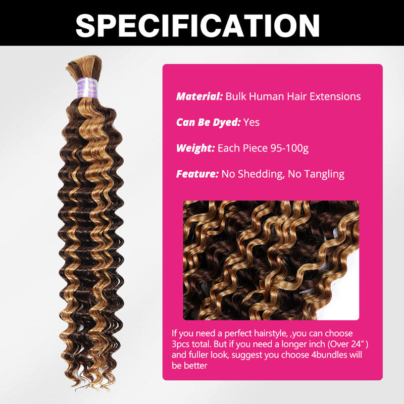 Allove Hair Boho Braids Deep Wave Bulk Human Hair For Braiding Highlight P4/27 Honey Blonde Color