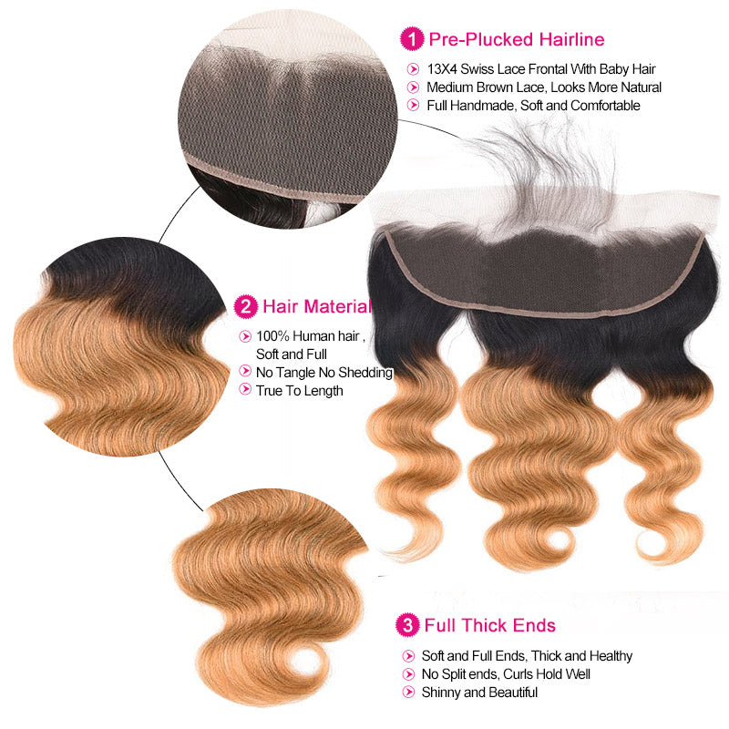 8-30 Inch Brazilian Hair Body Wave 3 Bundles With 13x4 13x6 Lace Frontal Closure Ombre 1B/27 Color - AlloveHair