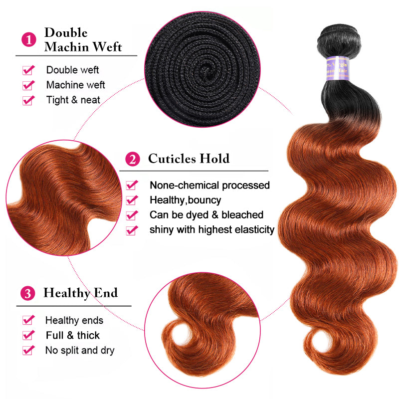 1B/350 Ombre Human Hair Body Wave 3 Bundles with 4x4 Closure 2 Tone Ginger Orange Hair Weave - AlloveHair