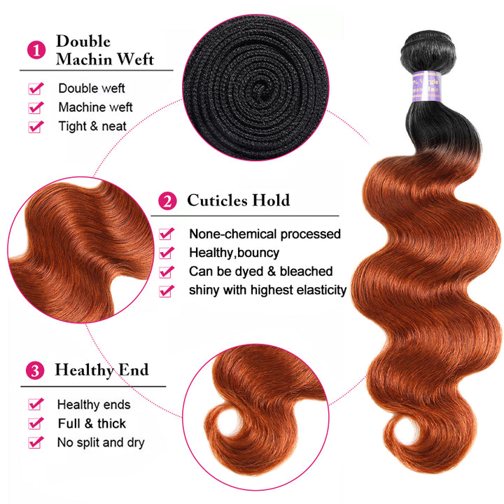 1B/350 Ombre Human Hair Body Wave 3 Bundles with 4x4 Closure 2 Tone Ginger Orange Hair Weave - AlloveHair