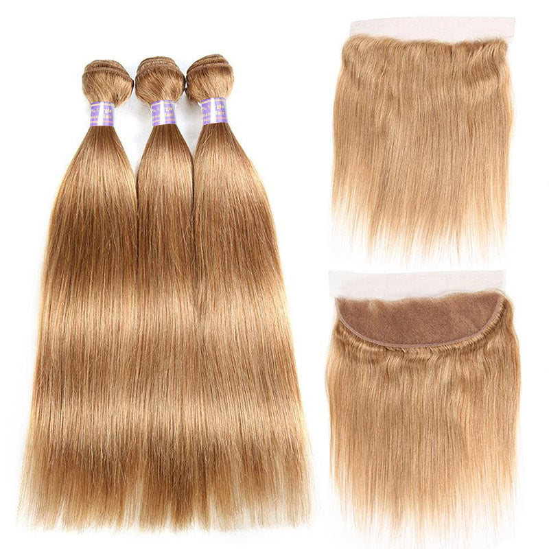 #27 Straight Hair Bundles With 13x4 13x6 Lace Frontal Honey Blonde Color 3 Bundles With Ear to Ear Lace Frontal Closure - AlloveHair