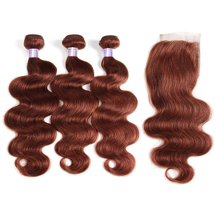 #33 Reddish Brown Body Wave 3 Bundles with 4x4 Lace Closure 100% Real Human Hair - AlloveHair