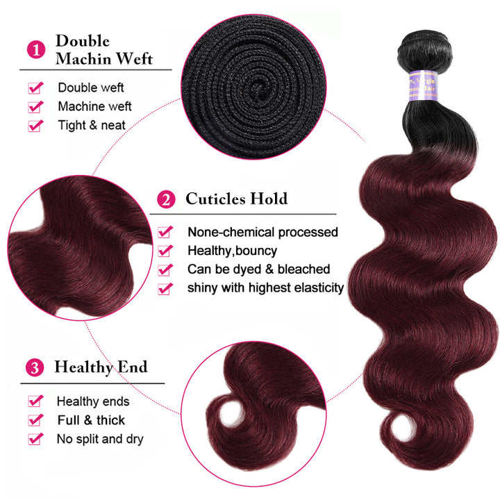 1B Dark Burgundy Body Wave Remy Human Hair 3 Bundles with 4x4 Lace Closure Deal - AlloveHair