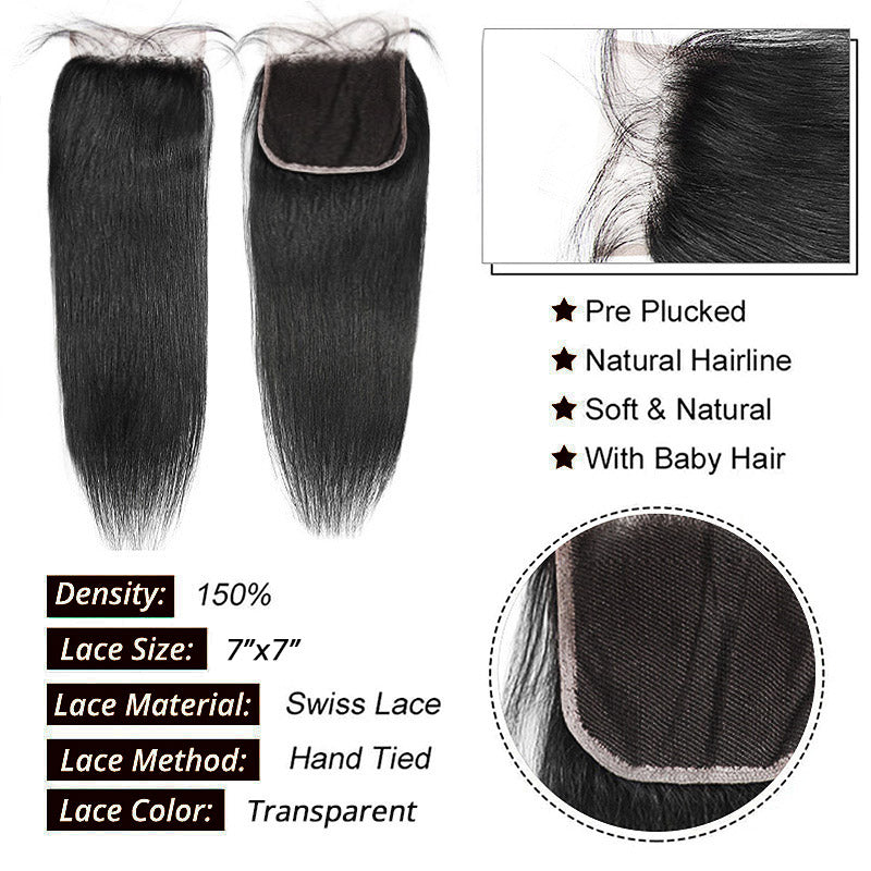 Straight Human Hair Bundles with 7x7 Deep Part HD Lace Closure Virgin Remy Raw Hair Bundles with Closures - AlloveHair
