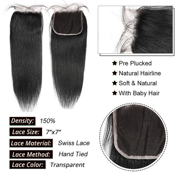 Straight Human Hair Bundles with 7x7 Deep Part HD Lace Closure Virgin Remy Raw Hair Bundles with Closures - AlloveHair