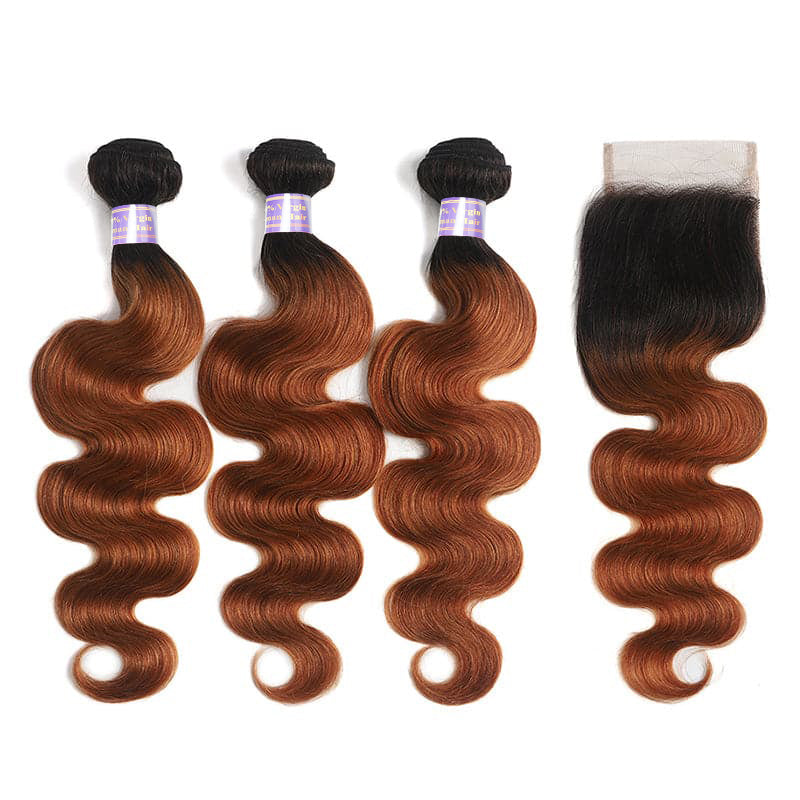 3 Bundles with Closure T1B/30 Color Body Wave Human Hair Bundles with 4x4 Lace Closure - AlloveHair