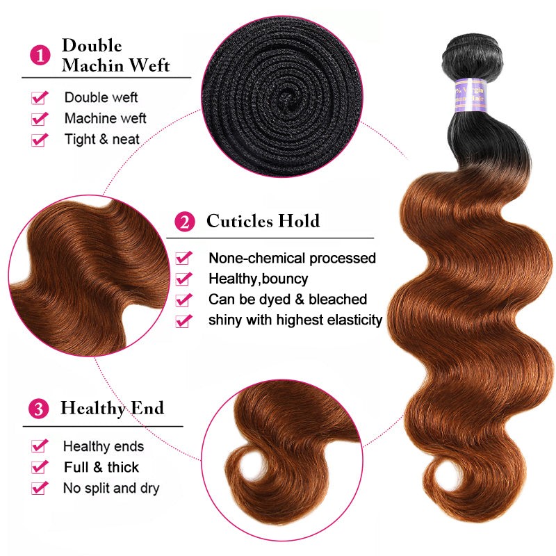 3 Bundles with Closure T1B/30 Color Body Wave Human Hair Bundles with 4x4 Lace Closure - AlloveHair