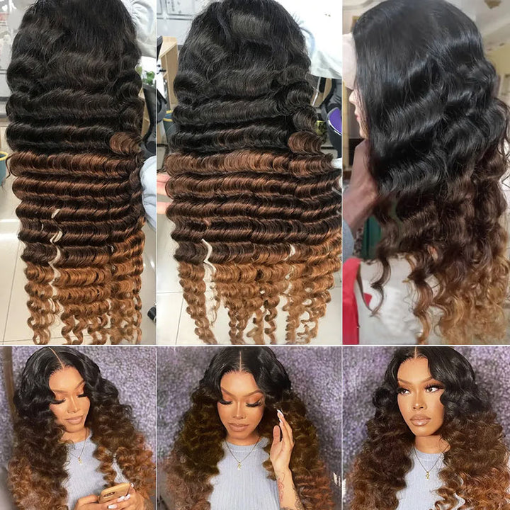 Allove #1B/4/30 Ombre Loose Deep Wave 13x4 Lace Frontal Wig Brown Colored Wear To Go Human Hair Wigs